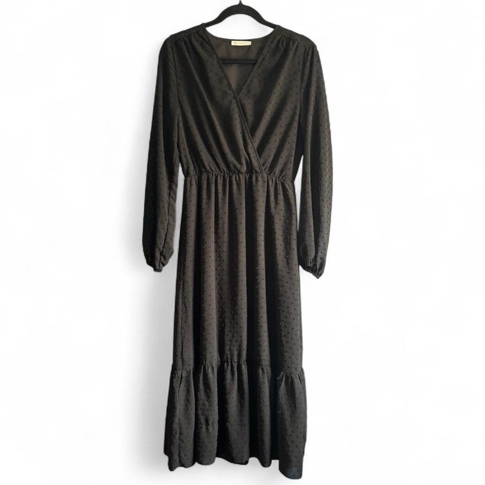 Kirundo Black Maxi Dress Women's Size Medium Polka Dot Tiered Classic Minimal